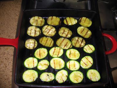 eggplant top, zucchini bottom in grill pan