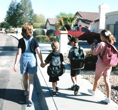 Linda, Connor, Joey, and Marissa on our way to Desert Springs Elementary1996