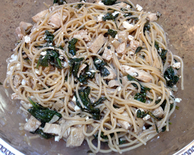 Spinach, Chicken and Feta Spaghetti  before tomato