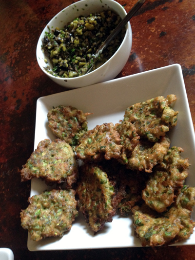 asparagus artichoke fritters with olive dip