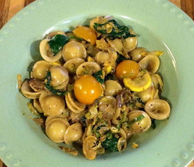 Orrechiette with Brussels Sprouts, Yellow Squash, Spinach Wild Mushrooms