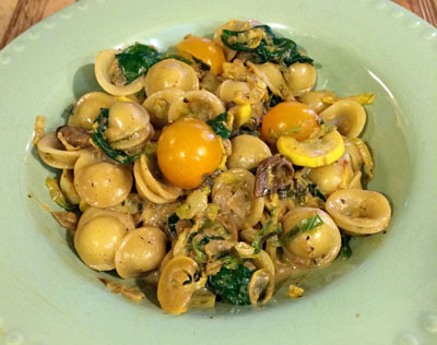 Orrechiette with Brussels Sprouts, Yellow Squash, Spinach and Wild Mushroom