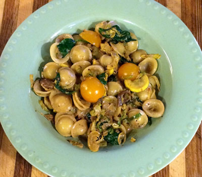 Orrechiette with Brussels Sprouts, Yellow Squash, Spinach and Wild Mushrooms