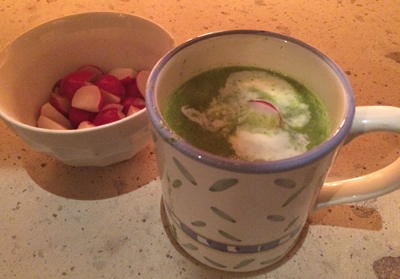 radish leaf soup in a mug