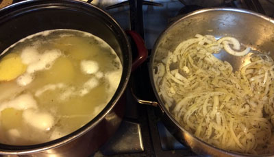 boil potatoes and brown onions