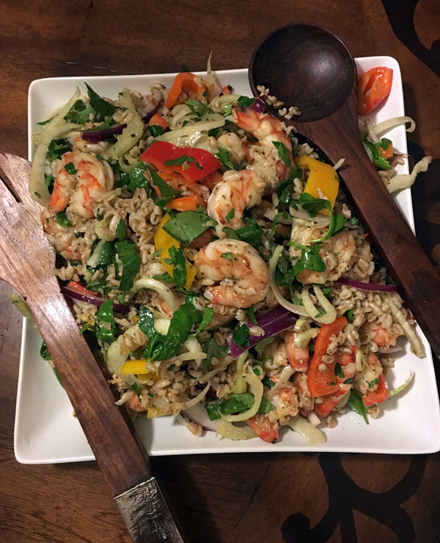 grilled shrimp veg and farro salad